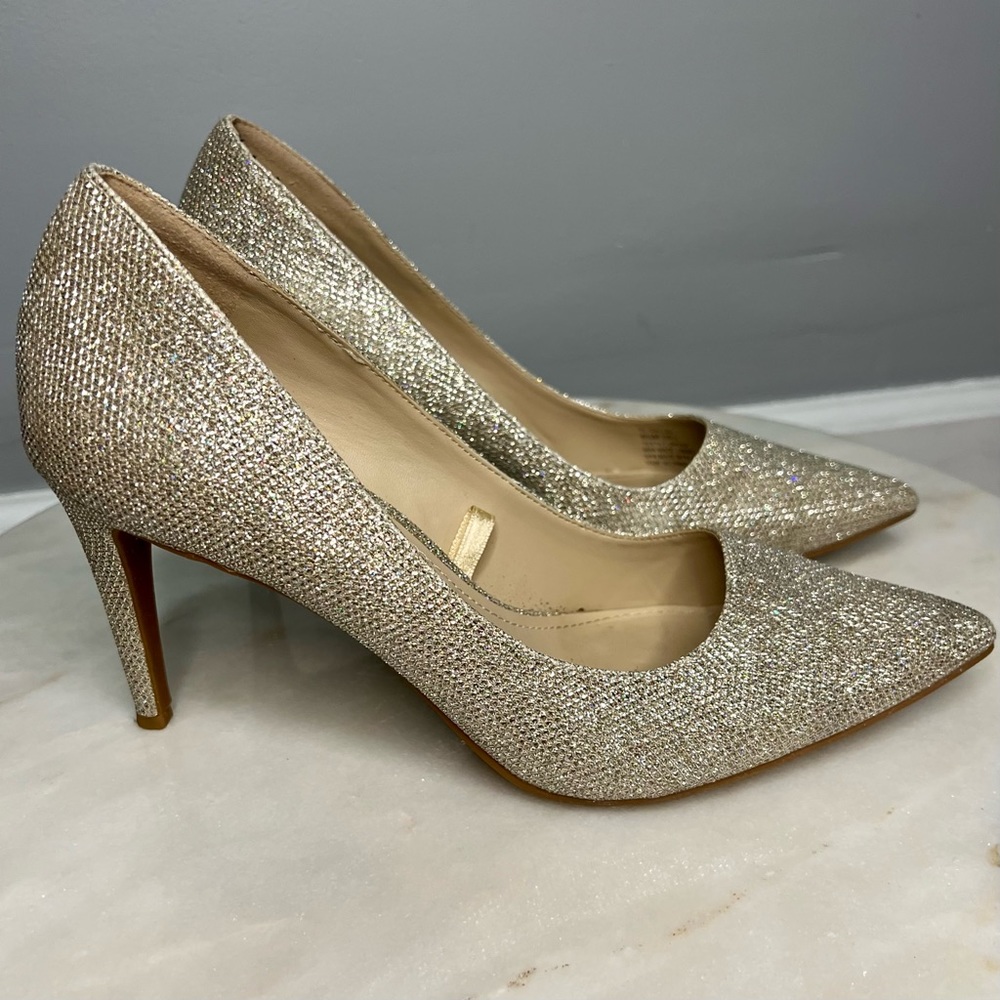 BCBGeneration Gold Glittery Pointed Toe Heels